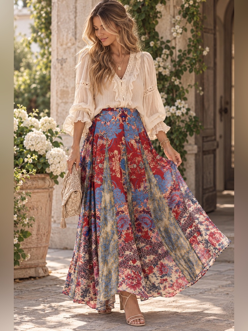 Hemant & Nandita Floral Mix Fabric Maxi Skirt Red Blue Boho XS